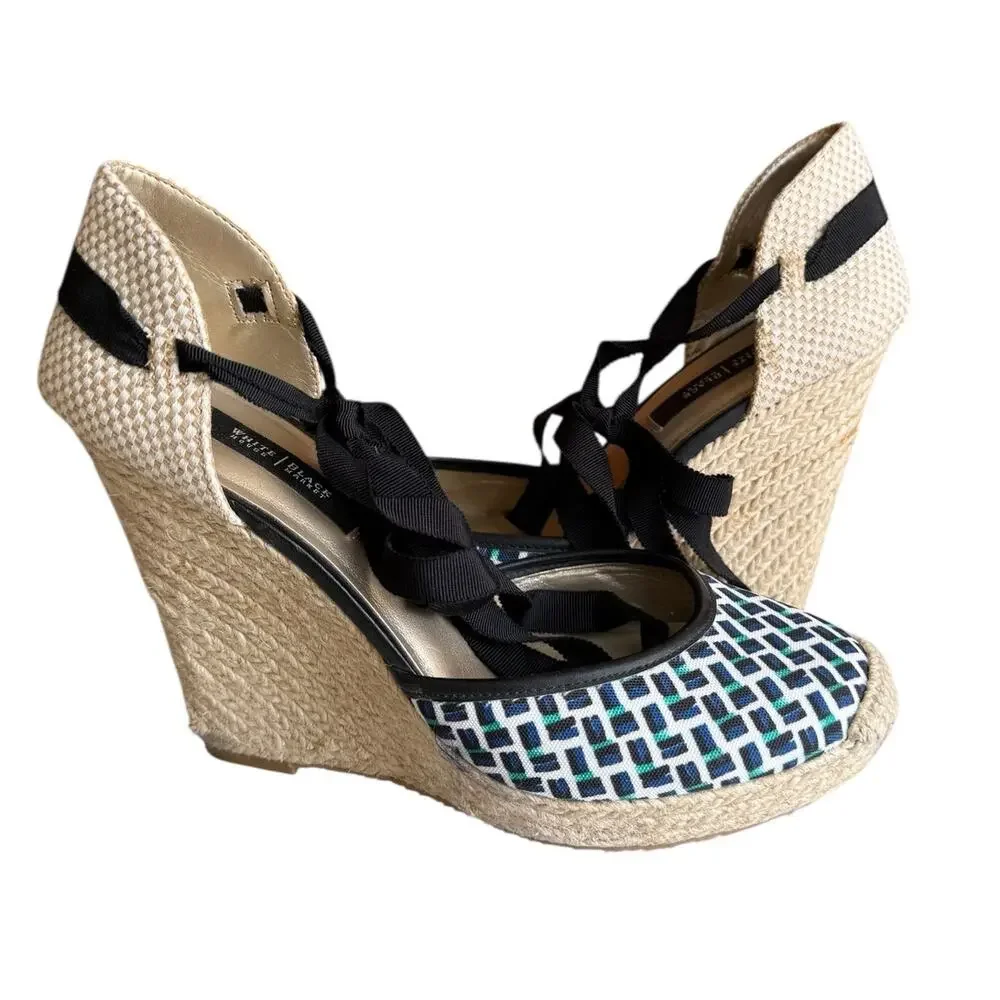 White House Black Market WHBM Preppy Fabric Espadrille Wedge Sandals 7.5